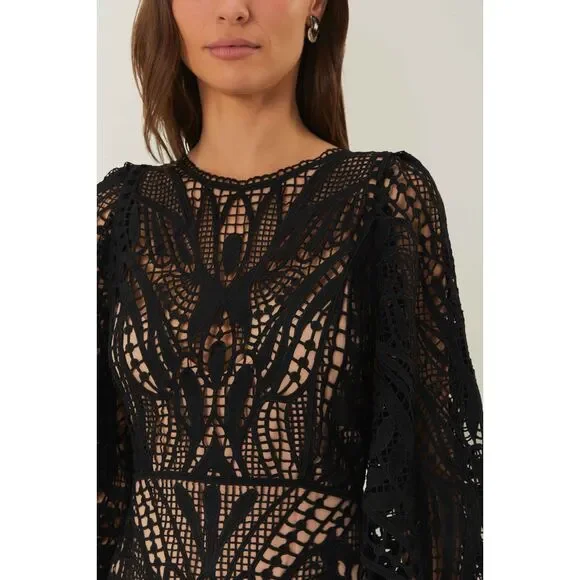 NWT Farm Rio Black Nature Guipure Lace Long Sleeve Illusion Maxi Dress Size S NWT Farm Rio Black Nature Guipure Lace Long Sleeve Illusion Maxi Dress Size S